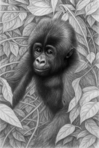 Graphite drawing of a mountain gorilla baby